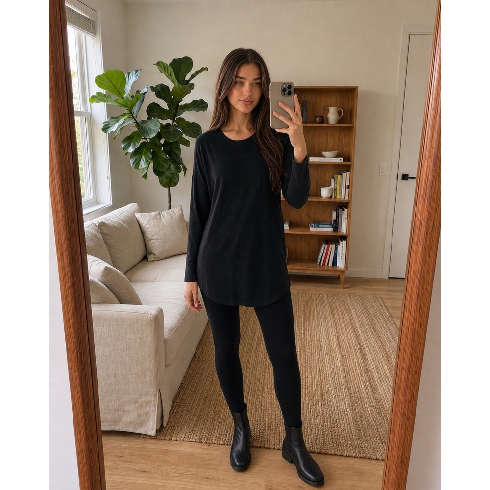 Avec Les Filles Women Long Sleeve Tunic Top XS Black Minimalist Quiet Luxury